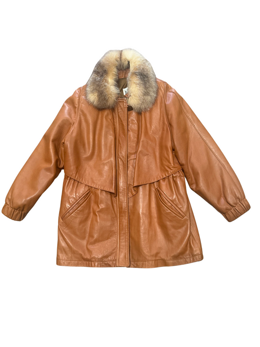 Damselle New York Genuine Leather Coat with Fur Collar