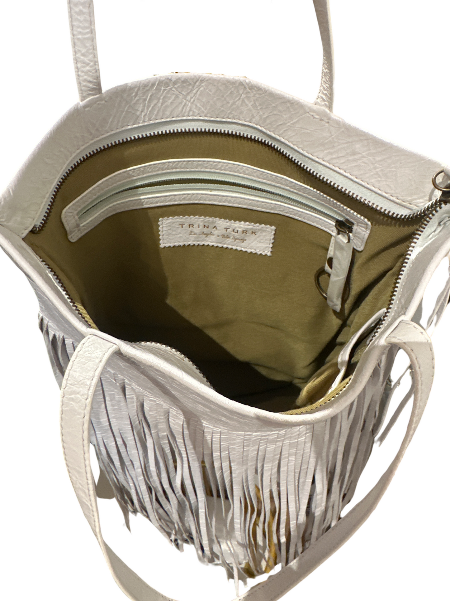 Trinaa Turk white fringe shoulder purse