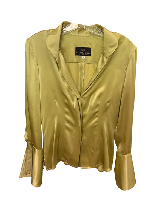 Vanessa Riley Green-yellow Satin Big Bell Cuffs Blouse /M