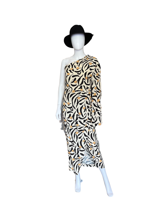 Nanushka Cream, Black Zebra w/ Yellow Flower Maxi Dress One Sleeve