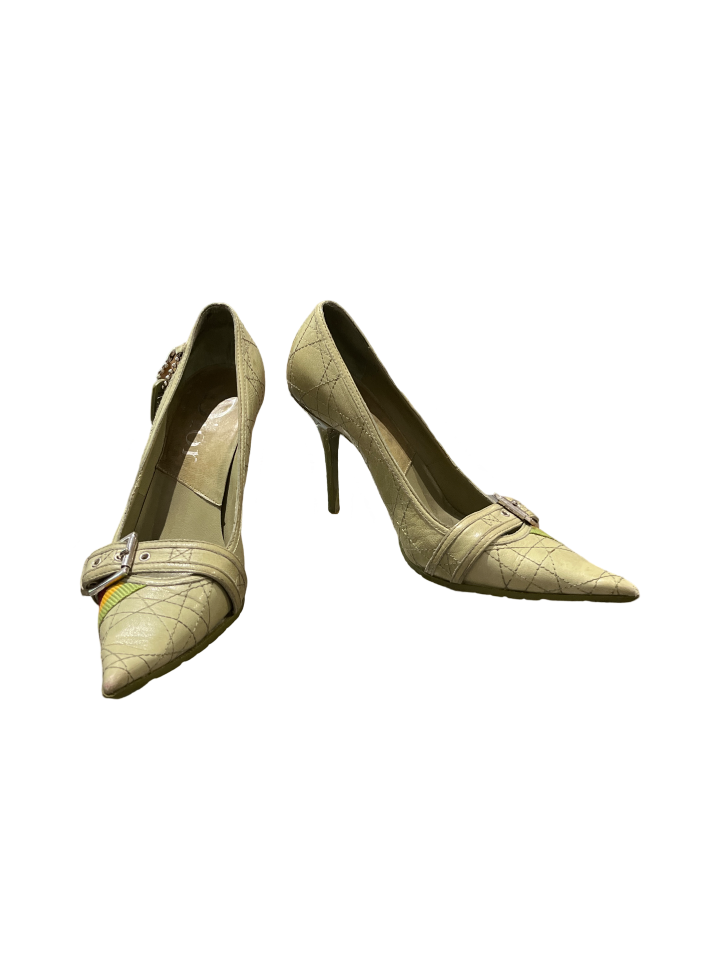 Christian Dior Green Leather Pointed Heels, Block Color Ribbon and Buckle /37.5