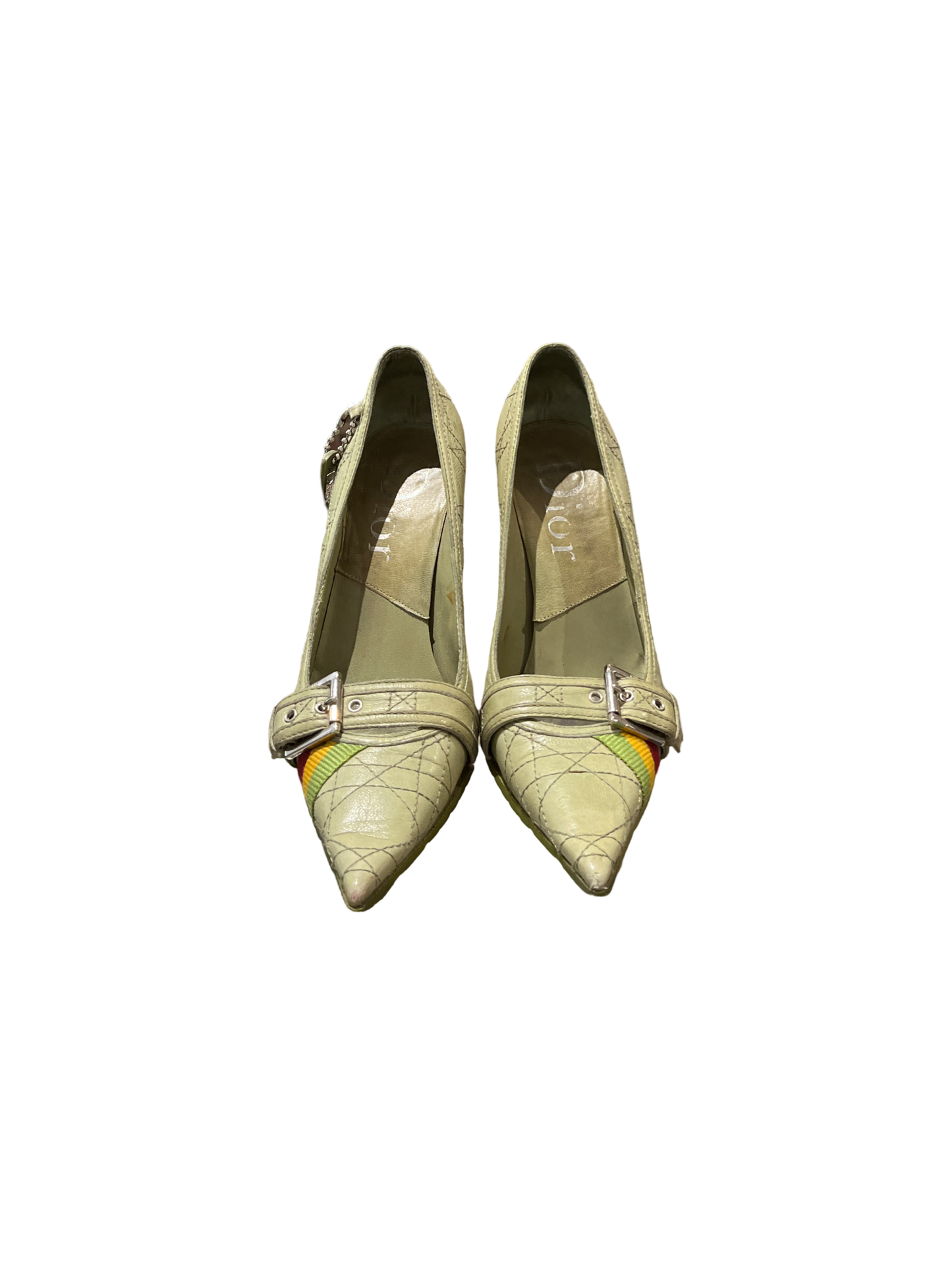 Christian Dior Green Leather Pointed Heels, Block Color Ribbon and Buckle /37.5