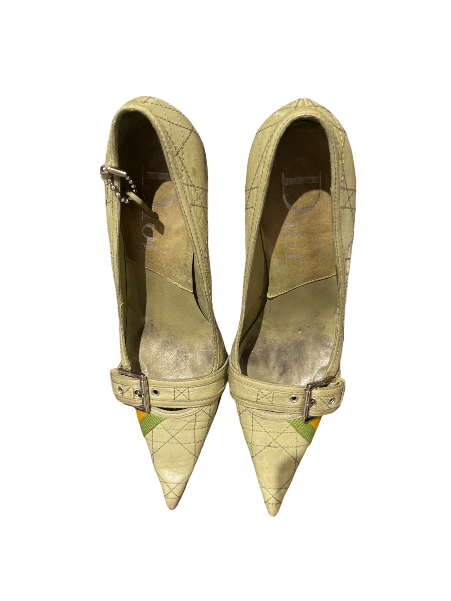 Christian Dior Green Leather Pointed Heels, Block Color Ribbon and Buckle /37.5