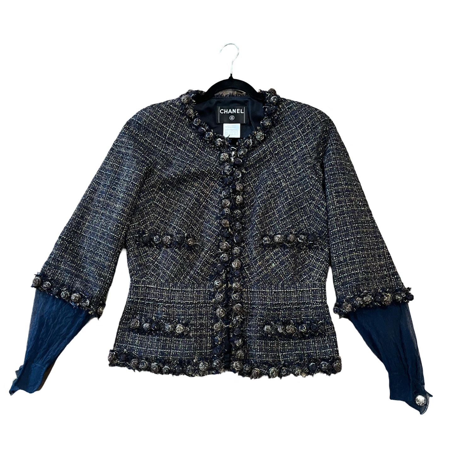 Chanel Sheer Silk Blend Navy Tulle Sleeve Insert Tweed Jacket