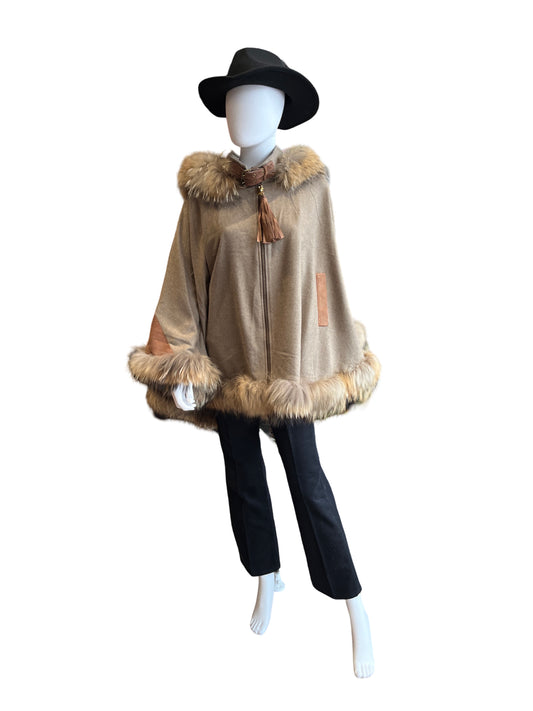 Holland Cooper Wool Fox Fur Suede Cape