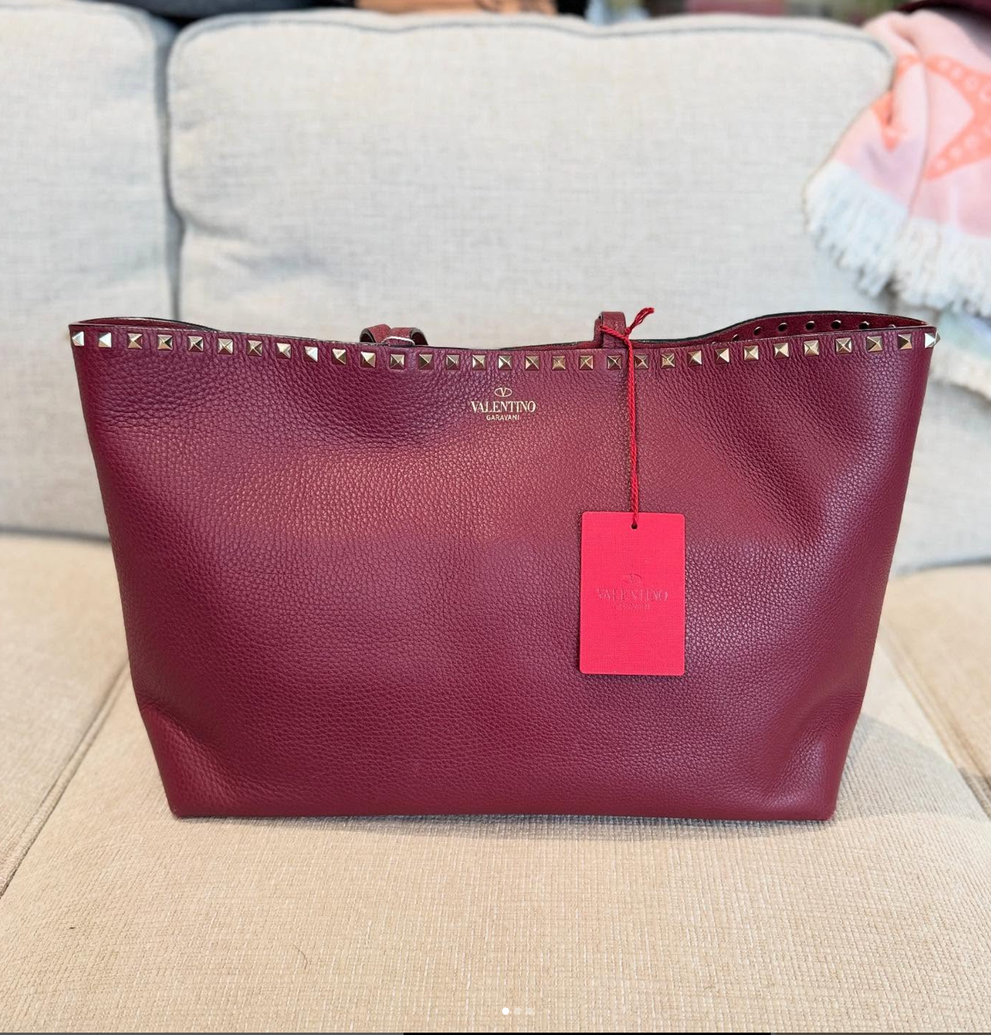 Valentino Garavani Dark Burgundy Rockstud Leather Large Tote