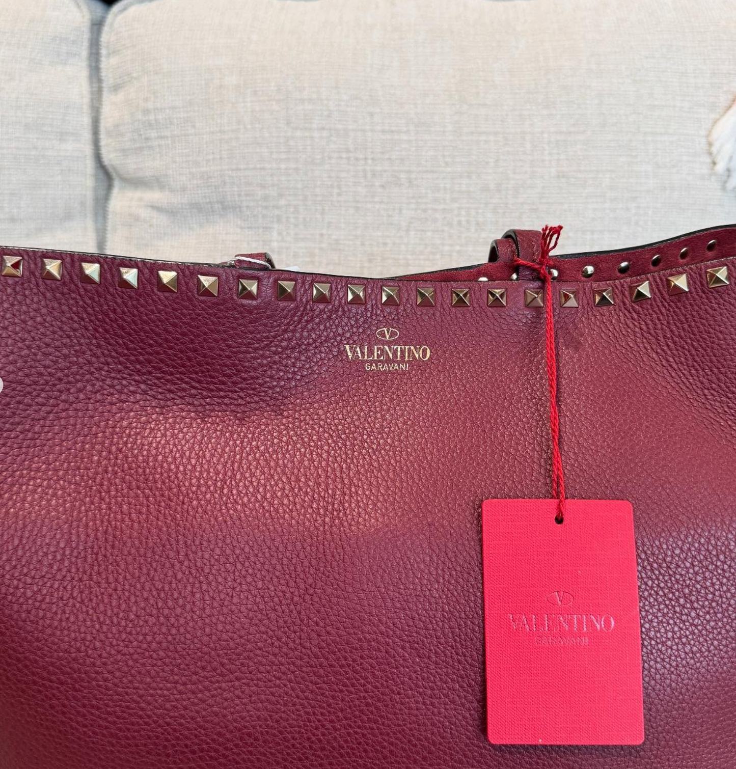 Valentino Garavani Dark Burgundy Rockstud Leather Large Tote